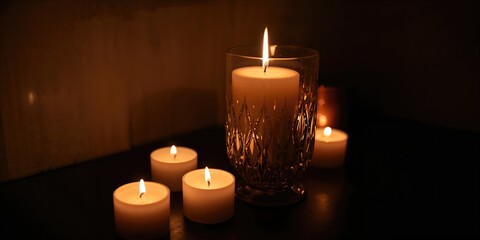 Close-up of a lit candle in a decorative glass holder with surrounding softly glowing candles on a dark surface, creating a calming ambiance, World Candle Day