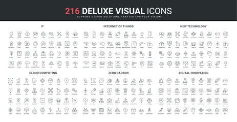Information technology, Internet of Things, innovation line icon set. Carbon net zero ESG and eco sustainable energy, update, data upload and coding thin black outline symbols vector illustration