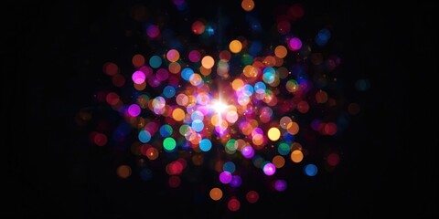 Dark background with vibrant bokeh spots creating star-like effects, suitable for graphic layouts