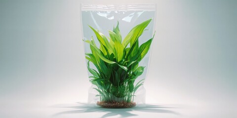 Fresh aquatic greenery stored in a clear bag, highlighting detailed leaf patterns for plant supply display