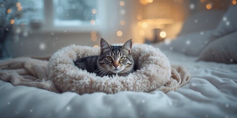 A pet sitting on a cozy blanket, providing warmth and comfort during winter season