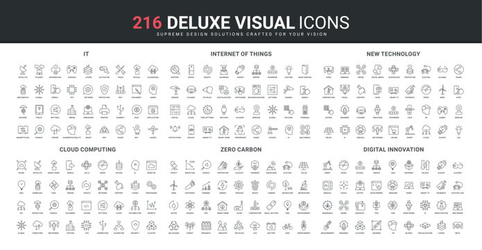 Information technology, Internet of Things, innovation line icon set. Carbon net zero ESG and eco sustainable energy, update, data upload and coding thin black outline symbols vector illustration