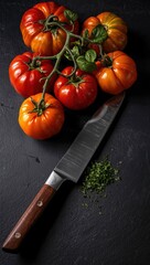 tomatoes and knife on cutting board