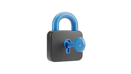 Close Up 3D Rendered Gray Padlock With Blue Shackle And Key In Lock Transparent Background
