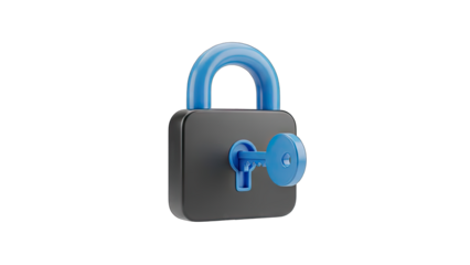 Close Up 3D Rendered Gray Padlock With Blue Shackle And Key In Lock Transparent Background
