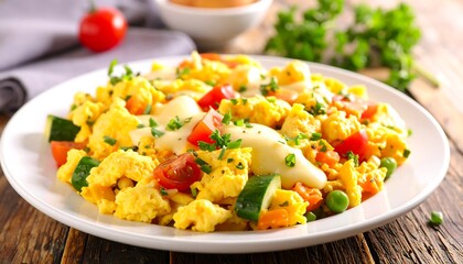 A close-up view of a scrambled egg dish with colorful vegetables and sauce, garnished with parsley, served on a white plate