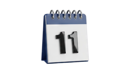 Close up of a 3d rendered calendar icon showing the number eleven on a white page with a blue cover and silver spiral binding on a transparent background