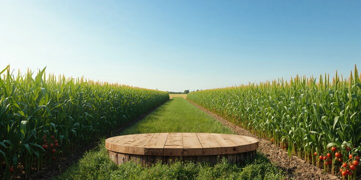 Empty table on podium set in agricultural field with corn, peas, and tomatoes, serving as a background for layout or presentation