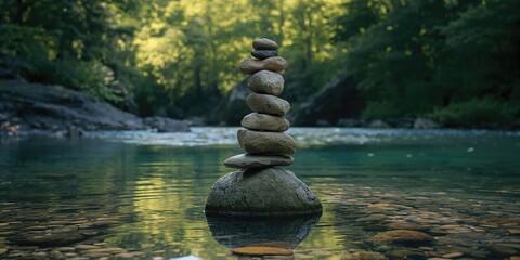 Stacked rocks on the river edge used for trail guidance during outdoor activities