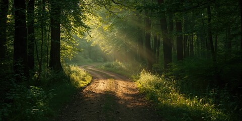 Obraz premium Dirt road winding through a morning forest with warm sunlight, seasonal change and natural preservation