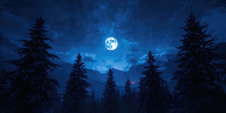 Mountain scene under a full moon with silhouettes of pine trees and twinkling stars, highlighting nighttime wilderness - Powered by Adobe