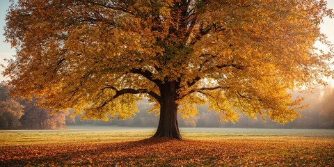 Autumn sunset lighting a walnut tree with falling leaves, seasonal change