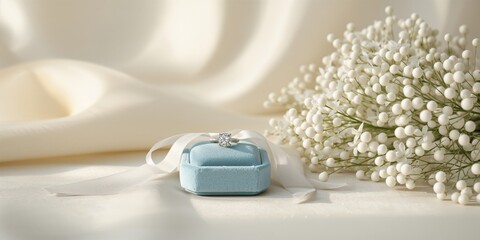 Diamond ring nestled in a light blue box alongside white Lisianthus flowers representing enduring love, wedding theme