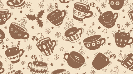 Brown and white festive holiday coffee cups with candy canes and snowflakes on beige background