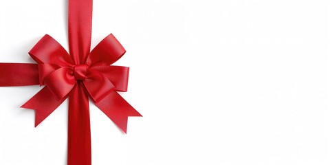 Red ribbon bow displayed on a plain white surface, ideal for gift wrapping or event decoration