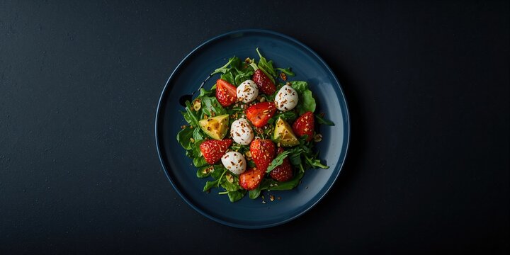 Healthy salad featuring strawberries, avocado, arugula, and mozzarella on a blue plate, fresh ingredients for balanced eating, World Health Day - Powered by Adobe