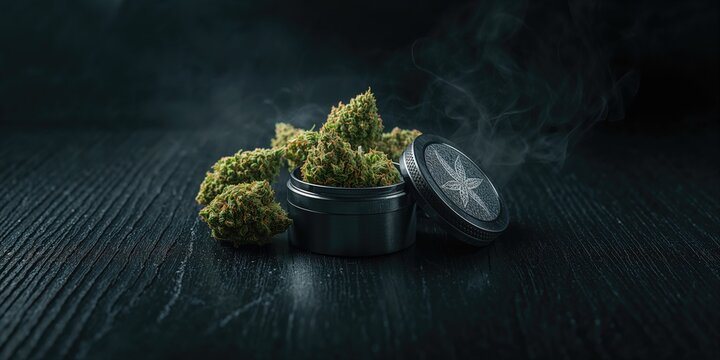 Fresh marijuana flowers displayed on dark wood, plant quality and processing tools, related to cannabis laws