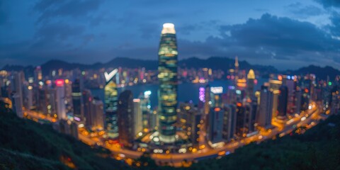 Blurry city lights illuminating a nighttime urban landscape, motion and energy, urban density, nighttime photography