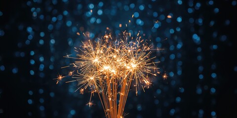 Sparklers emitting bright sparks in darkness, with blue bokeh lights creating a lively backdrop for holiday or event scenes