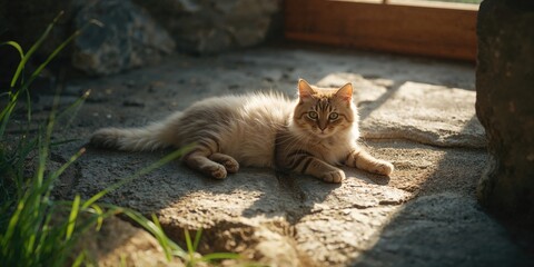 Feline lying on stone surface, illustrating calmness and territorial marking, International Cat Awareness Day
