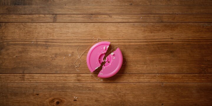 Pink vintage yoyo with a broken string on wooden background, highlighting toy durability and safety for kids