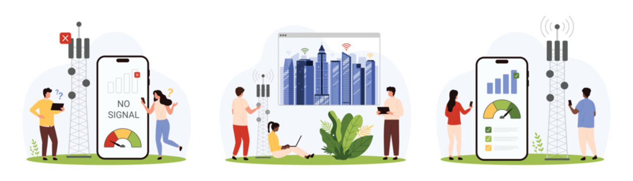 No signal, fast wireless internet connection set. Tiny people connect to telecommunication tower with antenna in tech city, check wifi speed on mobile speedometer app cartoon vector illustration
