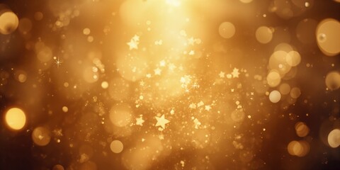Gold-themed holiday background illuminated with Christmas lights, blinking stars and sparks, New Year festive decoration