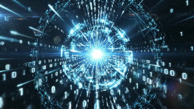 Abstract digital space travel concept with bright blue light burst and binary code stream in dark galaxy