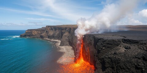 Kilauea Volcano lava flow channeling 2,000-degree magma into the ocean, producing a large plume of toxic steam, volcanic activity awareness