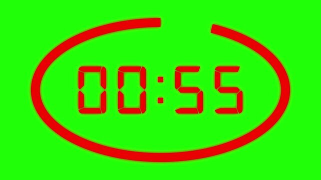 digital timer counting down from 60 to 0 second on green background. 60 second countdown timer with shrinking red circular frame. 1 minute countdown animation.