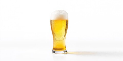 A clear glass of beer with foam on top, suitable as a product display or advertising background