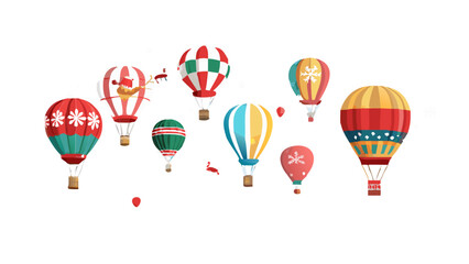 Naklejka premium Dozens of Christmas-themed hot air balloons floating through a snowy sky, decorated with lights, bells, ribbons, cheerful holiday designs