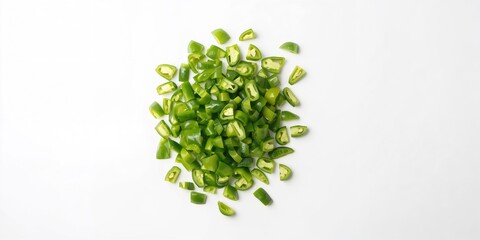 Chopped green peppers arranged on a white background, suitable for culinary layout or ingredient display