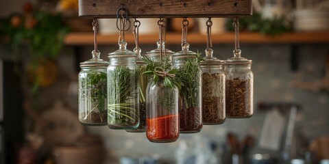 Jars with dried herbs and spices stored in a kitchen, kitchen organization and storage efficiency