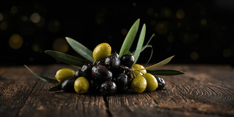 Close-up of black and green olives with oil can, suitable for culinary layout or ingredient background