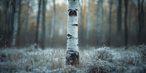 Close-up of a birch tree trunk in a winter forest, highlighting bark patterns and seasonal adaptation