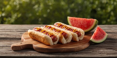 Hot dogs on a rustic picnic table, casual outdoor dining and food safety practices
