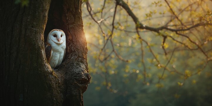 Tyto alba perched inside a hollow tree during spring, highlighting its woodland environment and nesting behavior