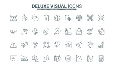 Strategy and control risk, manage reports, analysis of business solutions thin black outline symbols vector illustration. Crisis management, protection of financial investment line icons set.