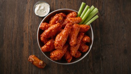 Buffalo chicken wings served with blue cheese dip, highlighting casual dining choices
