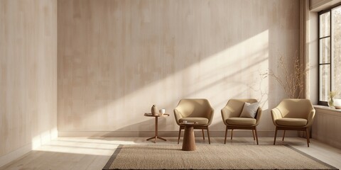 Living room with chairs and stools lined up against the wall used as a layout backdrop, Earth Day