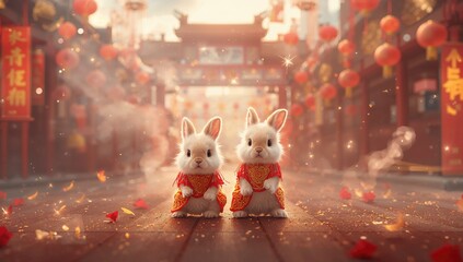 Bunnies participating in a lion dance with smoke and firecrackers for Chinese New Year celebrations, highlighting festive traditions