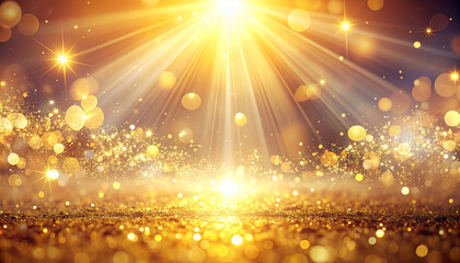 Dreamy glowing scene filled with soft light rays, golden bokeh orbs, subtle sparkles and magical glitter