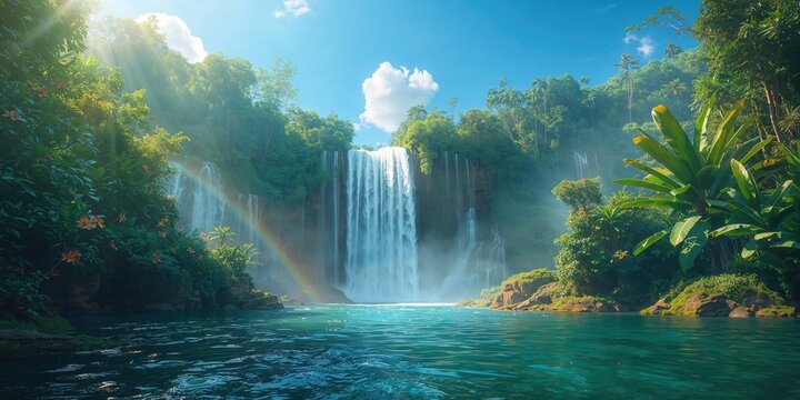 Mighty Kayetur waterfall plunging into the Potaro river, vibrant jungle scenery under bright sunlight, environmental conservation day