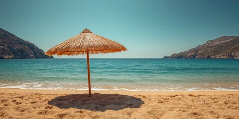 Beach scene with a straw umbrella on the southern bay coast, mountains in the background, summer day