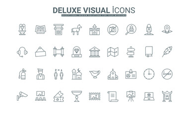 Sculpture, statue, and picture collection of thin black outline symbols vector illustration. City museum exhibit and building, heritage gallery of history and culture, archeology line icons set.