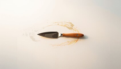 Palette knife and art materials placed on a wooden surface, painting techniques for layout design