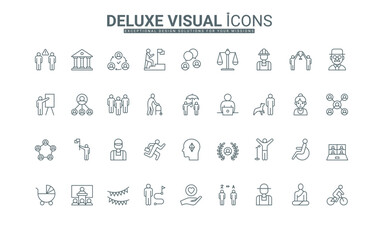 Way from newborn to elderly person, work and training thin black outline symbols vector illustration. Community analysis, lifestyle and online communication, team relations line icons set.