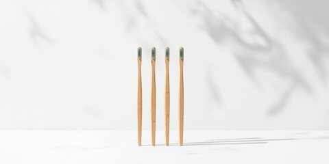 Collection of wooden bamboo toothbrushes for family use arranged on a white surface, highlighting sustainable dental care