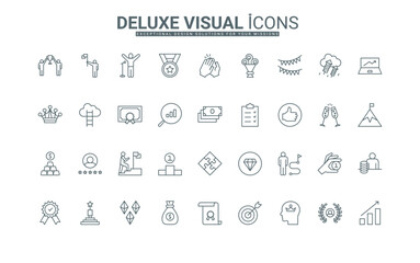 Applause, medal, likes, crown of champion, career, target of leader thin black outline symbols vector illustration. Business success prize and achievement award line icons set.